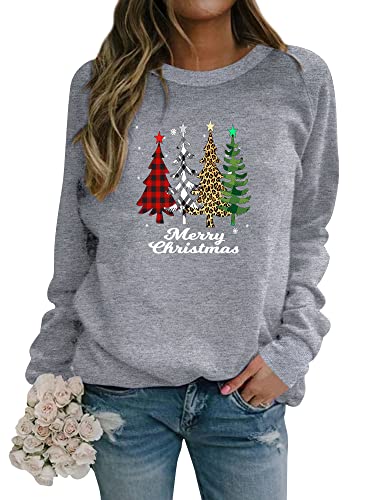 Dresswel Damen Weihnachtspullover Merry Christmas Sweatshirt Weihnachtsbaum Druck Xmas Pullover Langarmshirt Bluse von Dresswel