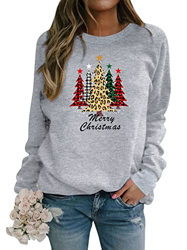 Dresswel Damen Weihnachtspullover Merry Christmas Sweatshirt Weihnachtsbaum Druck Xmas Pullover Langarmshirt Bluse von Dresswel