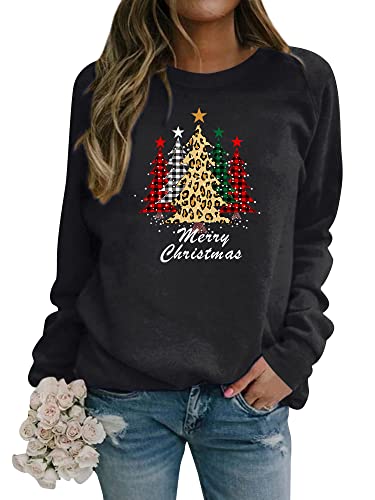 Dresswel Damen Weihnachtspullover Merry Christmas Sweatshirt Weihnachtsbaum Druck Xmas Pullover Langarmshirt Bluse von Dresswel