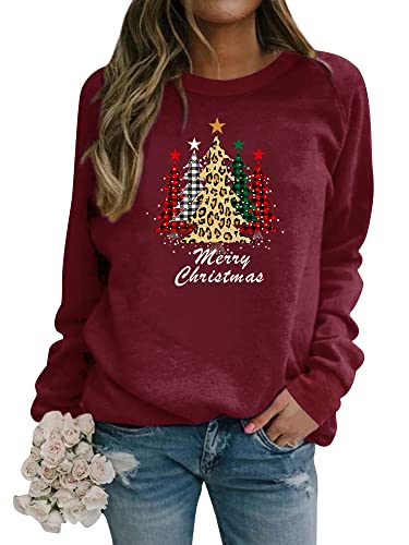 Dresswel Damen Weihnachtspullover Merry Christmas Sweatshirt Weihnachtsbaum Druck Xmas Pullover Langarmshirt Bluse von Dresswel