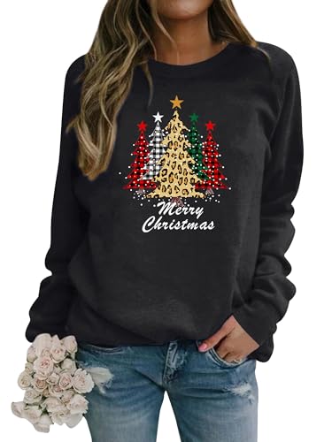 Dresswel Damen Weihnachtspullover Merry Christmas Sweatshirt Weihnachtsbaum Druck Xmas Pullover Langarmshirt Bluse von Dresswel