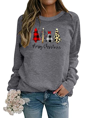Dresswel Damen Weihnachtspullover Merry Christmas Sweatshirt Weihnachtsbaum Druck Xmas Pullover Langarmshirt Bluse von Dresswel