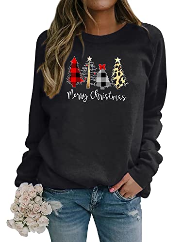 Dresswel Damen Weihnachtspullover Merry Christmas Sweatshirt Weihnachtsbaum Druck Xmas Pullover Langarmshirt Bluse von Dresswel