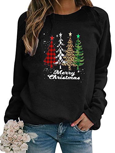 Dresswel Damen Weihnachtspullover Merry Christmas Sweatshirt Weihnachtsbaum Druck Xmas Pullover Langarmshirt Bluse von Dresswel