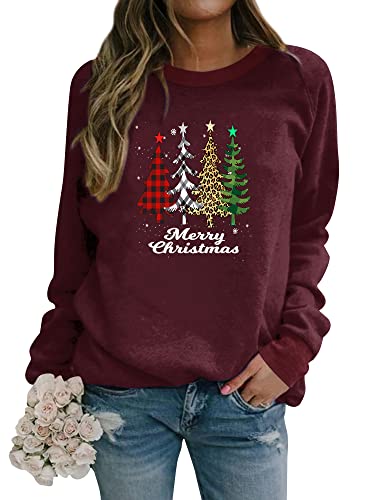 Dresswel Damen Weihnachtspullover Merry Christmas Sweatshirt Weihnachtsbaum Druck Xmas Pullover Langarmshirt Bluse von Dresswel