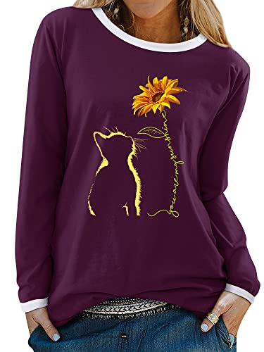 Dresswel Damen You Are My Sunshine Langarmshirt mit Rundhalsausschnitt Sonnenblume Katze Druck Langarm T Shirt Pullover Bluse Oberteile Tops von Dresswel