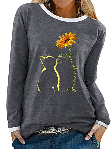 Dresswel Damen You Are My Sunshine Langarmshirt mit Rundhalsausschnitt Sonnenblume Katze Druck Langarm T Shirt Pullover Bluse Oberteile Tops von Dresswel