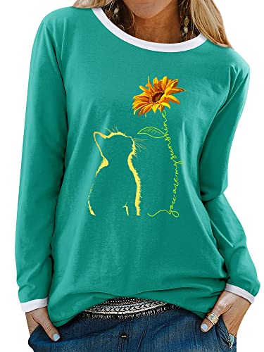 Dresswel Damen You Are My Sunshine Langarmshirt mit Rundhalsausschnitt Sonnenblume Katze Druck Langarm T Shirt Pullover Bluse Oberteile Tops von Dresswel