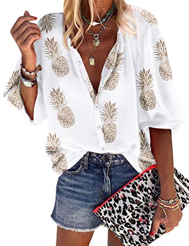 Dresswel Hawaii Hemd Damen Hawaiihemd 3/4 Ärmel V-Ausschnitt Sommer Bluse Ananas Blumen Druck Knöpfe Hemdbluse Strandshirt Hawaii Outfit Tuniken Blusenshirt Tops Strand Urlaub von Dresswel