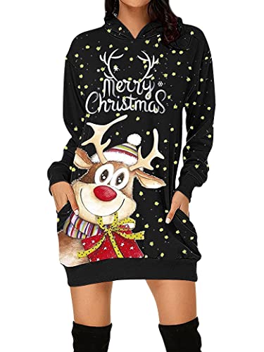 Dresswel Hoodie Kleid Damen Weihnachtspullover Weihnachtskleider Kapuzenpullover Weihnachten Pullover Frauen Rentier Druck Kapuzenpulli Tops Lang Weihnachts Sweatshirt mit Taschen von Dresswel