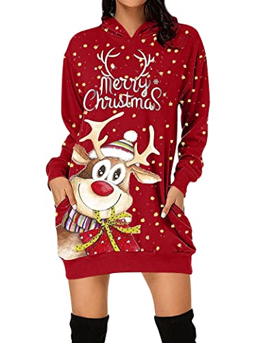 Dresswel Hoodie Kleid Damen Weihnachtspullover Weihnachtskleider Kapuzenpullover Weihnachten Pullover Frauen Rentier Druck Kapuzenpulli Tops Lang Weihnachts Sweatshirt mit Taschen von Dresswel