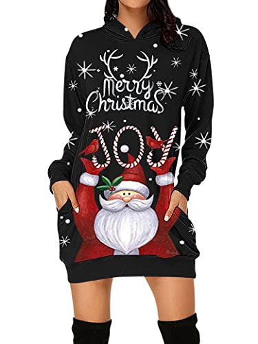 Dresswel Hoodie Kleid Damen Weihnachtspullover Weihnachtskleider Kapuzenpullover Weihnachten Pullover Frauen Rentier Druck Kapuzenpulli Tops Lang Weihnachts Sweatshirt mit Taschen von Dresswel