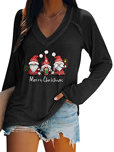 Dresswel Merry Christmas Pullover Damen Weihnachtspullover V-Ausschnitt Langarmshirt Lustige Zwerge Druck Weihnachten Shirt Elegant Oberteile Xmas Tops Lange Bluse von Dresswel