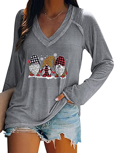 Dresswel Merry Christmas Pullover Damen Weihnachtspullover V-Ausschnitt Langarmshirt Lustige Zwerge Druck Weihnachten Shirt Elegant Oberteile Xmas Tops Lange Bluse von Dresswel