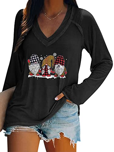 Dresswel Merry Christmas Pullover Damen Weihnachtspullover V-Ausschnitt Langarmshirt Lustige Zwerge Druck Weihnachten Shirt Elegant Oberteile Xmas Tops Lange Bluse von Dresswel