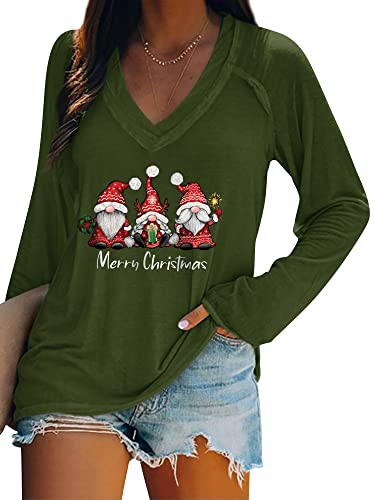 Dresswel Merry Christmas Pullover Damen Weihnachtspullover V-Ausschnitt Langarmshirt Lustige Zwerge Druck Weihnachten Shirt Elegant Oberteile Xmas Tops Lange Bluse von Dresswel