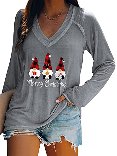 Dresswel Merry Christmas Pullover Damen Weihnachtspullover V-Ausschnitt Langarmshirt Lustige Zwerge Druck Weihnachten Shirt Elegant Oberteile Xmas Tops Lange Bluse von Dresswel