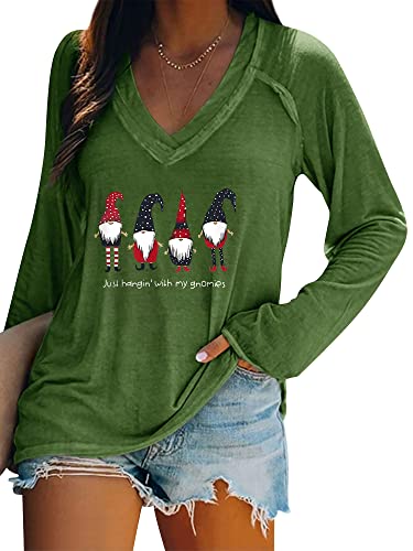 Dresswel Merry Christmas Pullover Damen Weihnachtspullover V-Ausschnitt Langarmshirt Lustige Zwerge Druck Weihnachten Shirt Elegant Oberteile Xmas Tops Lange Bluse von Dresswel