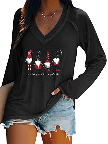 Dresswel Merry Christmas Pullover Damen Weihnachtspullover V-Ausschnitt Langarmshirt Lustige Zwerge Druck Weihnachten Shirt Elegant Oberteile Xmas Tops Lange Bluse von Dresswel