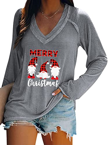 Dresswel Merry Christmas Pullover Damen Weihnachtspullover V-Ausschnitt Langarmshirt Lustige Zwerge Druck Weihnachten Shirt Elegant Oberteile Xmas Tops Lange Bluse von Dresswel