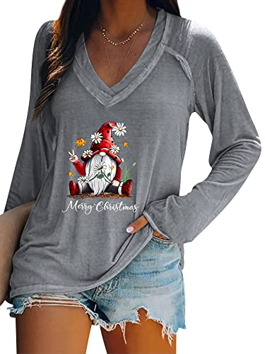 Dresswel Merry Christmas Pullover Damen Weihnachtspullover V-Ausschnitt Langarmshirt Lustige Zwerge Druck Weihnachten Shirt Elegant Oberteile Xmas Tops Lange Bluse von Dresswel