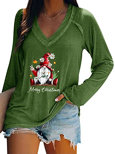 Dresswel Merry Christmas Pullover Damen Weihnachtspullover V-Ausschnitt Langarmshirt Lustige Zwerge Druck Weihnachten Shirt Elegant Oberteile Xmas Tops Lange Bluse von Dresswel