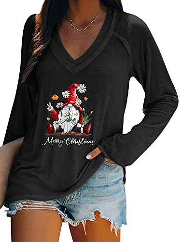 Dresswel Merry Christmas Pullover Damen Weihnachtspullover V-Ausschnitt Langarmshirt Lustige Zwerge Druck Weihnachten Shirt Elegant Oberteile Xmas Tops Lange Bluse von Dresswel