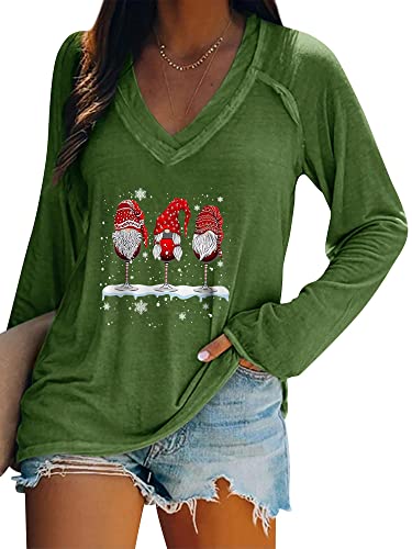 Dresswel Merry Christmas Pullover Damen Weihnachtspullover V-Ausschnitt Langarmshirt Lustige Zwerge Druck Weihnachten Shirt Elegant Oberteile Xmas Tops Lange Bluse von Dresswel