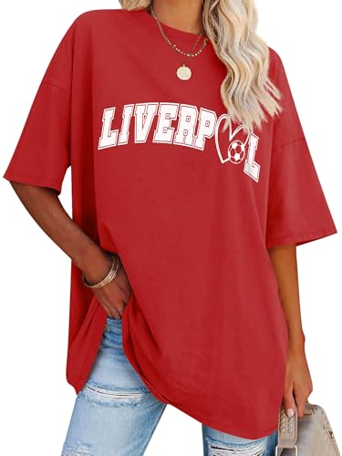 Dresswel Oversized T Shirt Damen Liverpool Brief drucken Vintage T-Shirt Kurzarm Rundhals Sommer Oberteile Lose Bluse Lang Tunika Top für Teenager Mädchen von Dresswel