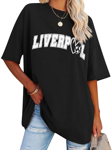 Dresswel Oversized T Shirt Damen Liverpool Brief drucken Vintage T-Shirt Kurzarm Rundhals Sommer Oberteile Lose Bluse Lang Tunika Top für Teenager Mädchen von Dresswel