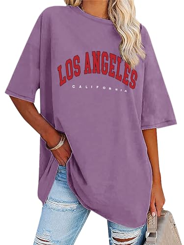 Dresswel Oversized T Shirt Damen Los Angeles California Brief drucken Vintage T-Shirt Kurzarm Rundhals Sommer Oberteile Lose Bluse Lang Tunika Top für Teenager Mädchen von Dresswel