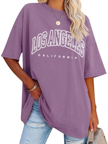 Dresswel Oversized T Shirt Damen Los Angeles California Brief drucken Vintage T-Shirt Kurzarm Rundhals Sommer Oberteile Lose Bluse Lang Tunika Top für Teenager Mädchen von Dresswel