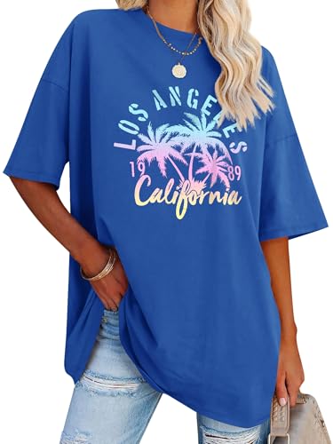 Dresswel Oversized T Shirt Damen Los Angeles California Brief drucken Vintage T-Shirt Kurzarm Rundhals Sommer Oberteile Lose Bluse Lang Tunika Top für Teenager Mädchen von Dresswel