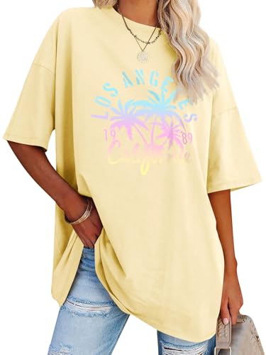 Dresswel Oversized T Shirt Damen Los Angeles California Brief drucken Vintage T-Shirt Kurzarm Rundhals Sommer Oberteile Lose Bluse Lang Tunika Top für Teenager Mädchen von Dresswel