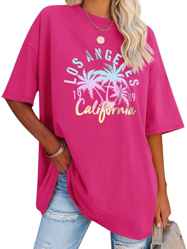 Dresswel Oversized T Shirt Damen Los Angeles California Brief drucken Vintage T-Shirt Kurzarm Rundhals Sommer Oberteile Lose Bluse Lang Tunika Top für Teenager Mädchen von Dresswel