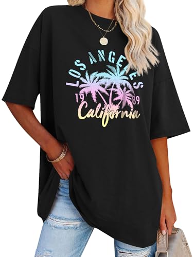 Dresswel Oversized T Shirt Damen Los Angeles California Brief drucken Vintage T-Shirt Kurzarm Rundhals Sommer Oberteile Lose Bluse Lang Tunika Top für Teenager Mädchen von Dresswel