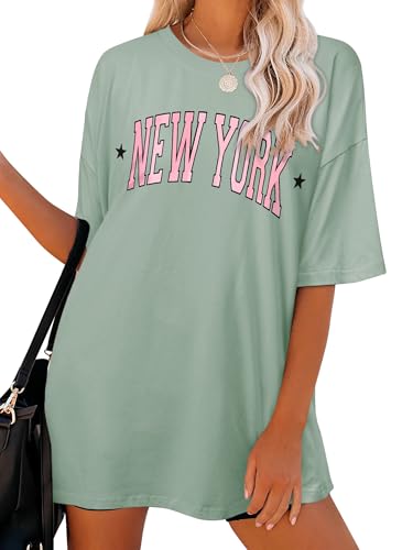Dresswel Oversized T Shirt Damen New York Brief drucken Vintage T-Shirt Kurzarm Rundhals Sommer Oberteile Lose Bluse Lang Tunika Top für Teenager Mädchen von Dresswel