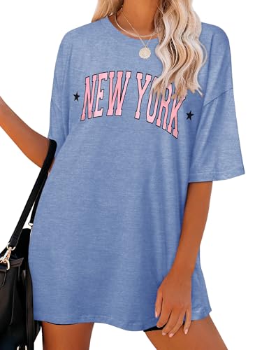 Dresswel Oversized T Shirt Damen New York Brief drucken Vintage T-Shirt Kurzarm Rundhals Sommer Oberteile Lose Bluse Lang Tunika Top für Teenager Mädchen von Dresswel