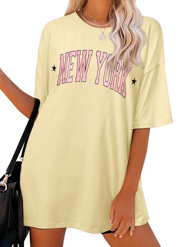 Dresswel Oversized T Shirt Damen New York Brief drucken Vintage T-Shirt Kurzarm Rundhals Sommer Oberteile Lose Bluse Lang Tunika Top für Teenager Mädchen von Dresswel
