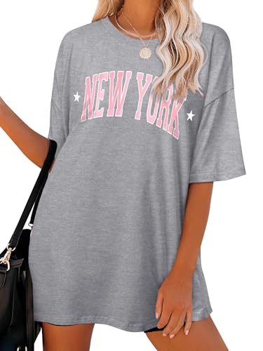 Dresswel Oversized T Shirt Damen New York Brief drucken Vintage T-Shirt Kurzarm Rundhals Sommer Oberteile Lose Bluse Lang Tunika Top für Teenager Mädchen von Dresswel