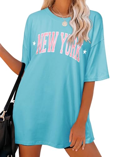 Dresswel Oversized T Shirt Damen New York Brief drucken Vintage T-Shirt Kurzarm Rundhals Sommer Oberteile Lose Bluse Lang Tunika Top für Teenager Mädchen von Dresswel