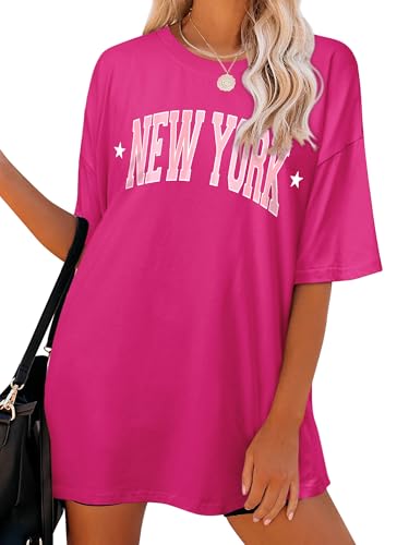 Dresswel Oversized T Shirt Damen New York Brief drucken Vintage T-Shirt Kurzarm Rundhals Sommer Oberteile Lose Bluse Lang Tunika Top für Teenager Mädchen von Dresswel