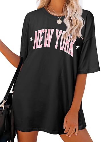 Dresswel Oversized T Shirt Damen New York Brief drucken Vintage T-Shirt Kurzarm Rundhals Sommer Oberteile Lose Bluse Lang Tunika Top für Teenager Mädchen von Dresswel