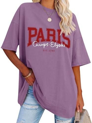 Dresswel Oversized T Shirt Damen Paris Brief drucken Vintage T-Shirt Kurzarm Rundhals Sommer Oberteile Lose Bluse Lang Tunika Top für Teenager Mädchen von Dresswel