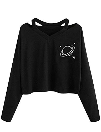 Dresswel Pulli Mädchen Planet Crop Top Langarm Damen V-Ausschnitt Kalte Schulter Sweatshirt Langarmshirt Pullover Top Oberteile Bluse von Dresswel