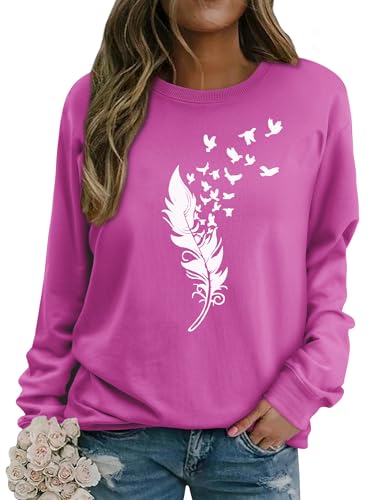 Dresswel Pullover Damen Feder Drucken Sweatshirt Langarmshirt Rundhals Langarm Shirts Herbst Winter Pulli Tops Oberteile Bluse(3-Rosy, L) von Dresswel