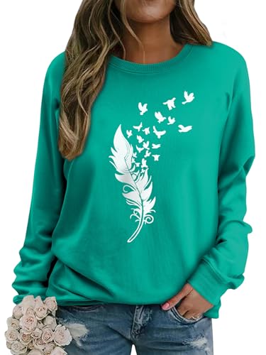 Dresswel Pullover Damen Feder Drucken Sweatshirt Langarmshirt Rundhals Langarm Shirts Herbst Winter Pulli Tops Oberteile Bluse(3-Teal, L) von Dresswel
