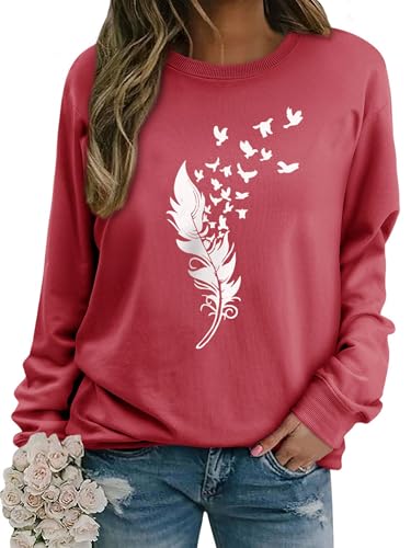 Dresswel Pullover Damen Feder Drucken Sweatshirt Langarmshirt Rundhals Langarm Shirts Herbst Winter Pulli Tops Oberteile Bluse(3-Wassermelonenrot, L) von Dresswel