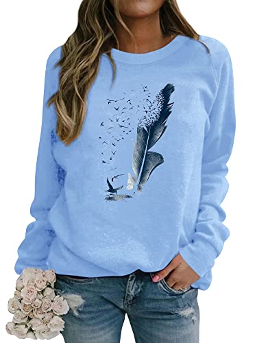 Dresswel Pullover Damen Feder Drucken Sweatshirt Langarmshirt Rundhals Langarm Shirts Herbst Winter Pulli Tops Oberteile Bluse(Blau,S) von Dresswel