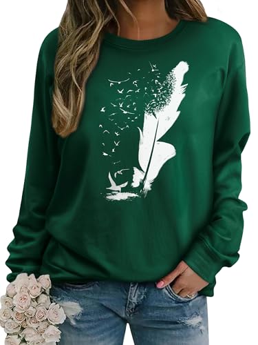 Dresswel Pullover Damen Feder Drucken Sweatshirt Langarmshirt Rundhals Langarm Shirts Herbst Winter Pulli Tops Oberteile Bluse(Grün,L) von Dresswel